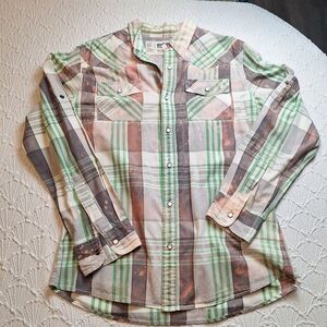 Urban Pipeline Long Sleeve Pearl Snap Western Shirt Green/Gray Plaid Mens M